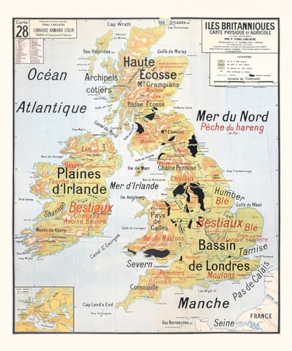 VIRTUAVIA - Affiche décorative Vidal Lablache N° 28 - ILES BRITANIQUES - PHYSIQUE ET AGRICOLE - 100 x 120 cm - Art Mural (reproduction) - Bâche 340 g/m²