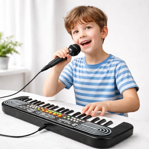 Image of TWIST & TURN Piano Musical Toy Keyboard for Kids with Microphone & AUX Cable | Electronic Piano, Multiple Sound Modes & Recording Function & Early Learning Instrument, Indoor Play - Black (430)