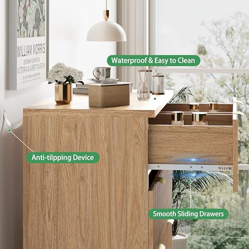 Image of Fluted Dresser for Bedroom with 6 Drawers, 46 inch Tall Modern Chest of Drawers with Metal Handle, Wooden Dresser TV Stand, Wood Closet Clothes Storage Organizer for Living Room, Hallway, Natural Oak