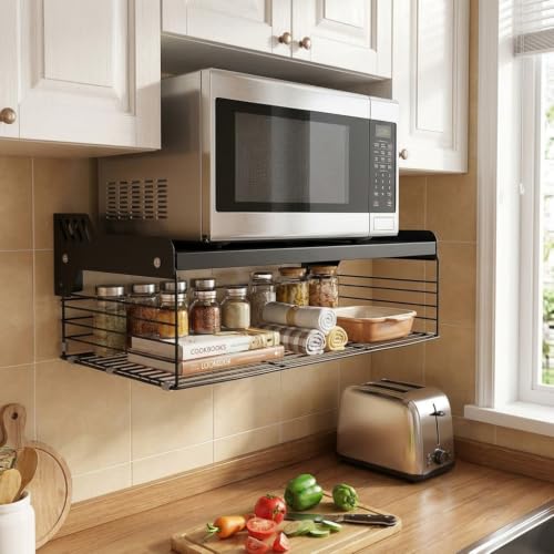 Miniatura 4 de Qwork Soporte Microondas Pared, 2 Niveles Estanteria Microondas Metal De, 55x35x11 Cm Soporte Microondas Con Cesta De Almacenamiento