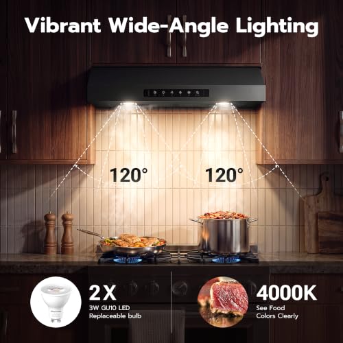 Image of 30 Inch Under Cabinet Range Hood, 1200 CFM Ducted Kitchen Vent Hood with 3 Speed Gesture Sensing & Touch Control, Stainless Steel Stove Exhaust Hood with 2 LED Lights Black