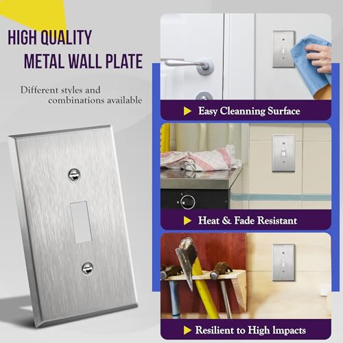Image of ENERLITES Toggle Light Switch Stainless Steel Wall Plate, Metal Plate Corrosive Resistant Cover for Rotary Dimmers Lights, Size 1-Gang 4.50 inchx 2.76 inch, 7711, 430 Stainless Steel, UL Listed, Silver | Fits standard toggle switches; Rust-proof; Standard 1-gang; UL Listed; 7711