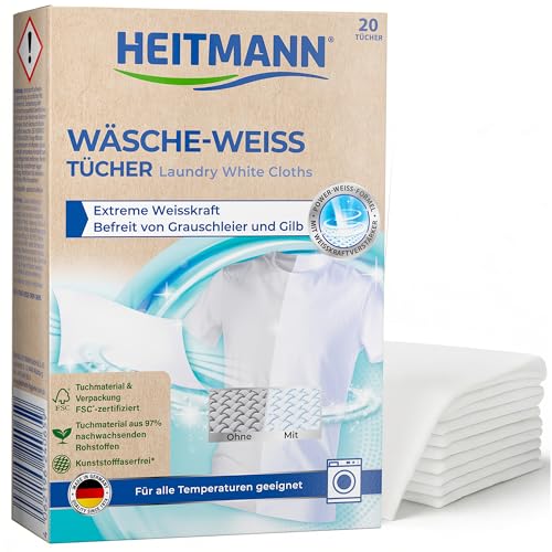 HEITMANN Wäsche-Weiß Tücher | Effektive Wäschepflege für weiße Textilien | Entfernt Grauschleier & Vergilbung ohne Bleichmittel | Ideal für strahlend weiße Wäsche | 20 Tücher für alle Stoffe