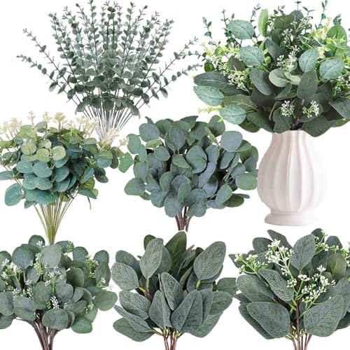 120 Pcs 6 Kinds Mixed Eucalyptus Leaves Stems Bulk Artificial Sil...