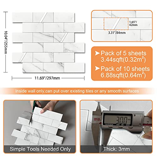 VAOVI Peel and Stick Stone Backsplash Tile for Stove Fireplace,Self Adhesive Splashback Tiles for Kitchen Wall Marble Tile Stickers Shower Peel and Stick Waterproof(White Silver,10pcs) by VAOVI - Image 6