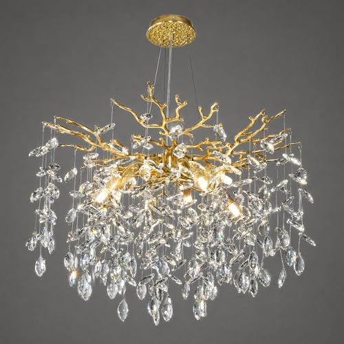 kvtinmty 24'' Modern Tree Branch Crystal Chandelier Luxury Gold K9 Crystal Chandelier 9-Light Crystals Pendant Chandeliers for Dining Room Living Room Bedroom Kitchen Entryway