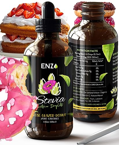 Enzo Liquid Stevia Drops Our Zero Calories Sweetener (4oz - 800 Servings/Bottle) - Rose Glazed Donut - All Natural flavoring with No Artificial Additives & Filler Ingredient