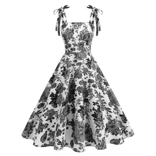 50s Style Dresses for Women 1950s Vintage Floral Cocktail Swing Dress Spaghetti Strap Square Neck 1960s Audrey Hepburn Rockabilly Retro Church Flare A Line Casual Graduation Tea Party Gown Black S
