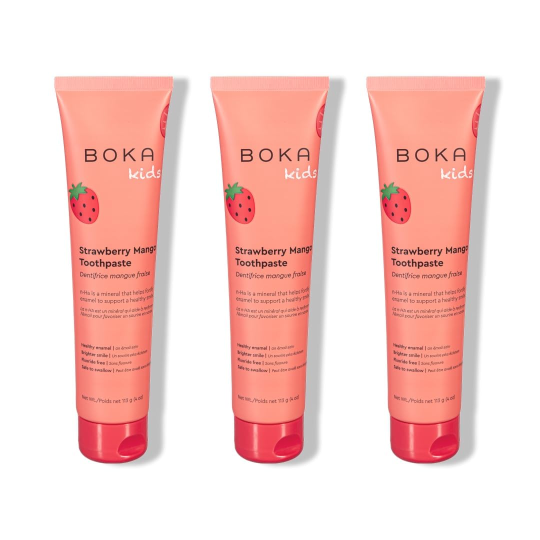BokaFluoride Free Toothpaste Nano Hydroxyapatite, Helps Remineralize, Appropriate for Sensitive Teeth, Whitening - for Adult, Kids Oral Care - Strawberry Mango Flavor, 4oz 3Pk - US Manufactured