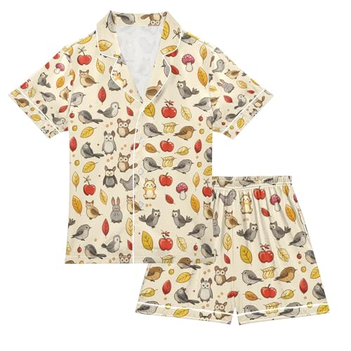 senya Autumn Leaves Bird Satin Summer Pajama Sets Silk Short Sleeve Button Down Sleepwear