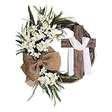 JOYWU Easter Wreath with Cross Sign,16 in Easter Cross Wreaths with Burlap Bow,Lilies,Leaves and Gauze,Spring Door Wreath,Hanging Easters Door Sign,Spring Lily Wreaths,Indoor Easters Decoration