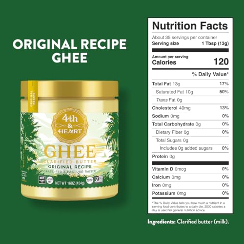 Image of 4th & Heart Original Grass-Fed Ghee, Clarified Butter, 100% Butter Fat, Pasture-Raised, Lactose & Casein Free, High Smoke Point Cooking Oil, Keto & Paleo Friendly, 16 oz