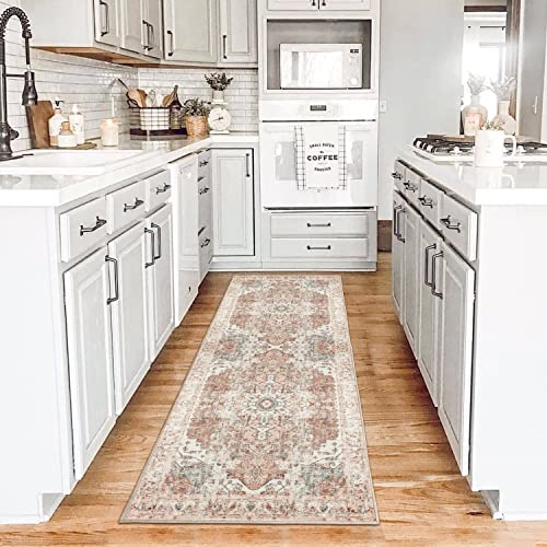 Kozyfly 2X6 Non-Slip Washable Runner Rug - Vintage Persian Print Rug Thin Runner Rug Boho Rug Runners 2X6 For Hallway, Kitchen, Bathroom - Distressed Medallion Brick Red Chenille Carpet #TOP1