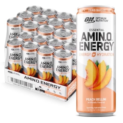 Optimum Nutrition Amino Energy Sparkling Hydration Drink,Electrolytes,Caffeine,Amino Acids,BCAAs,Sugar Free,Peach Bellini,12 Fl Oz,(Packaging May Vary),12 Count (Pack of 2)