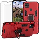 DuoLide for Xiaomi Redmi 9C Case, 2 in 1 Hybrid Heavy Duty Armor Shockproof Defender Kickstand Dual Layer Bumper Hard Back Case Cover Tempered Glass Screen Protector [2 Pack]，Red
