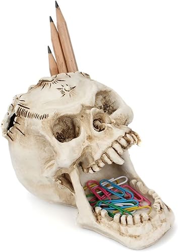 NUOBESTY Decoración de escritorio de oficina, soporte para bolígrafo de calavera, soporte decorativo para brochas de maquillaje, caja de