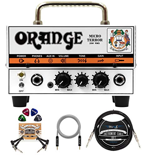 Orange Amps Micro Terror 20W Guitar Amplifier Head Bundle With Blucoil 10' Straight Instrument Cable (1/4"), 5-Ft Audio Aux Cable, 2-Pack Of Pedal Patch Cables, And 4-Pack Of Celluloid Guitar Picks #TOP6