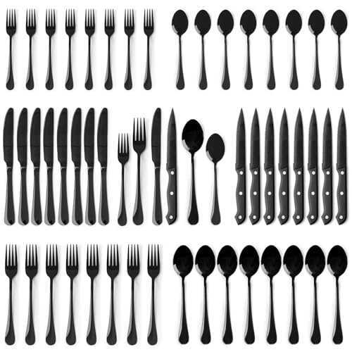 Image of Astercook Silverware Set 48-Piece Black Flatware Set with Steak Knives Food-Grade Stainless Steel Cutlery Set for 8 Mirror Polished Utensils Set Include Spoons and Forks for Home Kitchen Restaurant