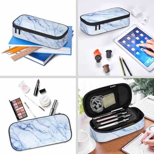 Image of Blue Marble Pencil Holder Bag Abstract Stone Floor Granite Stripe Texture Pencil Case College Office School for Teens Boy Girl