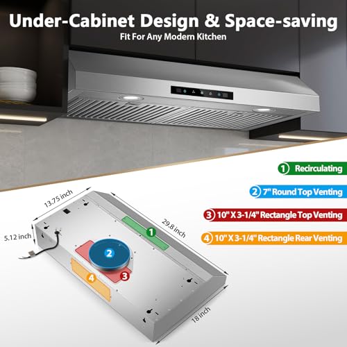 Image of Range Hood 30 inch Under Cabinet, 800 CFM Stainless Steel Range Hood with Gesture and Touch Control, kitchen hood with Carbon Filter, 3 Fan Speed, Ducted /Ductless Convertible
