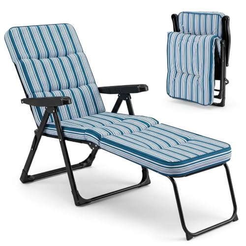COSTWAY Tumbona Plegable, Asiento Acolchado, Metal，Hamaca Jardin Playa (Azul)