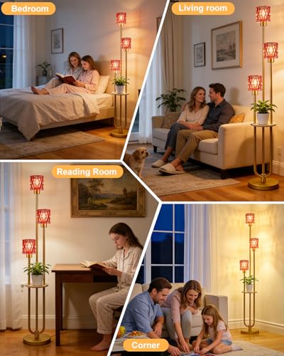 Image of 62IN Gold Floor Lamp with Deep Red Glass Shade 3-Lights Mid-Century Modern Farmhouse Floor Lamps with 3000K Warm White Bulbs, Tall Standing Lamp with 5Lbs Heavy Base for Living Room /Bedroom