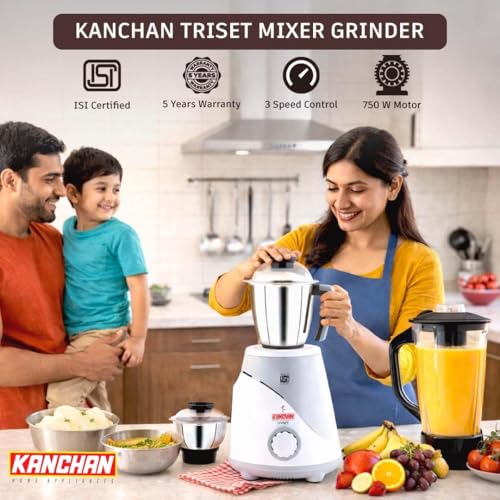 Image of Kanchan Triset Plus Mixer Grinder 750 Watt 4 Multipurpose Jars (3 Stainless Steel +1 Juicer)Blending, Grinding, Juicer mixer grinder for kitchen,Powerful motor with Overload Safety, ISI, 5 Yr Warranty