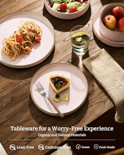 Image of Famiware Stoneware Dishes Dinnerware Sets for 6, Plates and Bowls with Trim