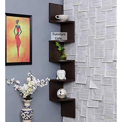 Furniture Cafe Wooden Wall Shelves Corner Hanging Shelf for Living Room Stylish Zig Zag Home Decor Floating Display Rack Storage Organizer Unique Design with Teak Natural Finish 5 Tiers (Set of 2) (Image - 2)