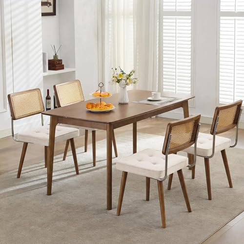 LovelyFurn Élégance Vintage et Naturelle – Lot de chaises de Salle à Manger en rotin, Assise rembourrée en Lin Beige, Dossier Haut cannage, Pieds Bois...