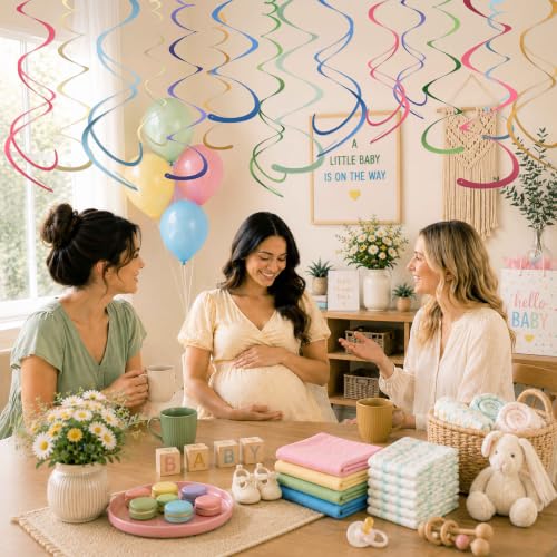 Image of HonuGoGo Boho Party Decorations, 48 Pc Retro Paper Hanging Swirls | Vintage Neutral Tone Paper Streamers with Hooks for Birthday, Baby Shower, Wedding, Brunch, Classroom & Home Celebrations