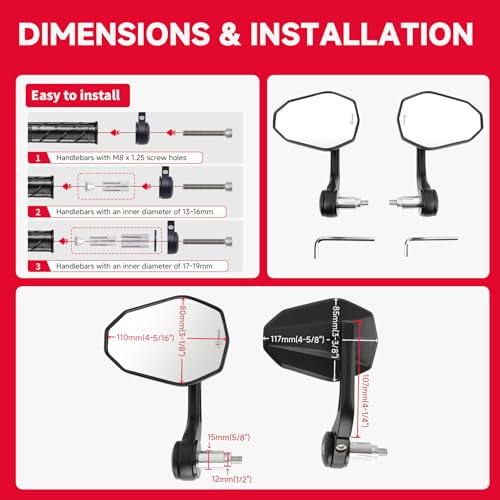 Image of DREAMIZER Motorcycle Bar End Mirrors, CNC Aluminum Universal Motorcycle Mirror Fit for 7 /8 inch Handlebars, Compatible with Most Honda Grom, Yamaha, Kawasaki, Ducati, Suzuki and More