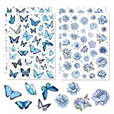Auroriel 4 Hojas con Flores y Mariposas Adhesivas, Ideal para Niños y Adultos, Stickers Temáticos de Primavera para Scrapbook, Set de Adhesivos para Decoración DIY (Azul)