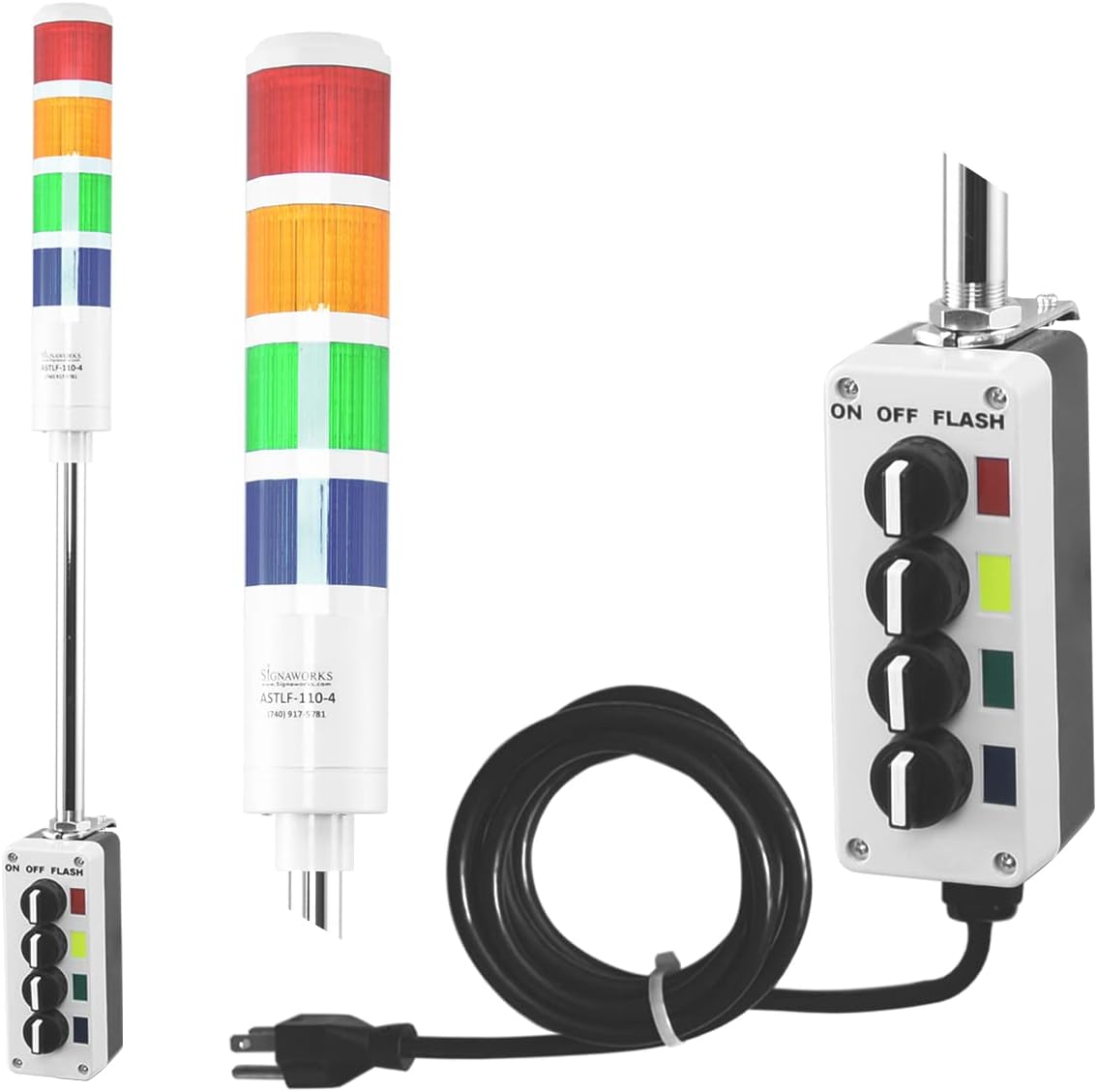 Signaworks 4 Stack Super Bright LED Andon Tower Light, 3 Pos On-Off-Flash, Red/Amber/Green/Blue, 8 ft Industrial Power Cord, Plug & Play Ready, 3 Prong Plug Meets OHSA Standard * Made in USA *