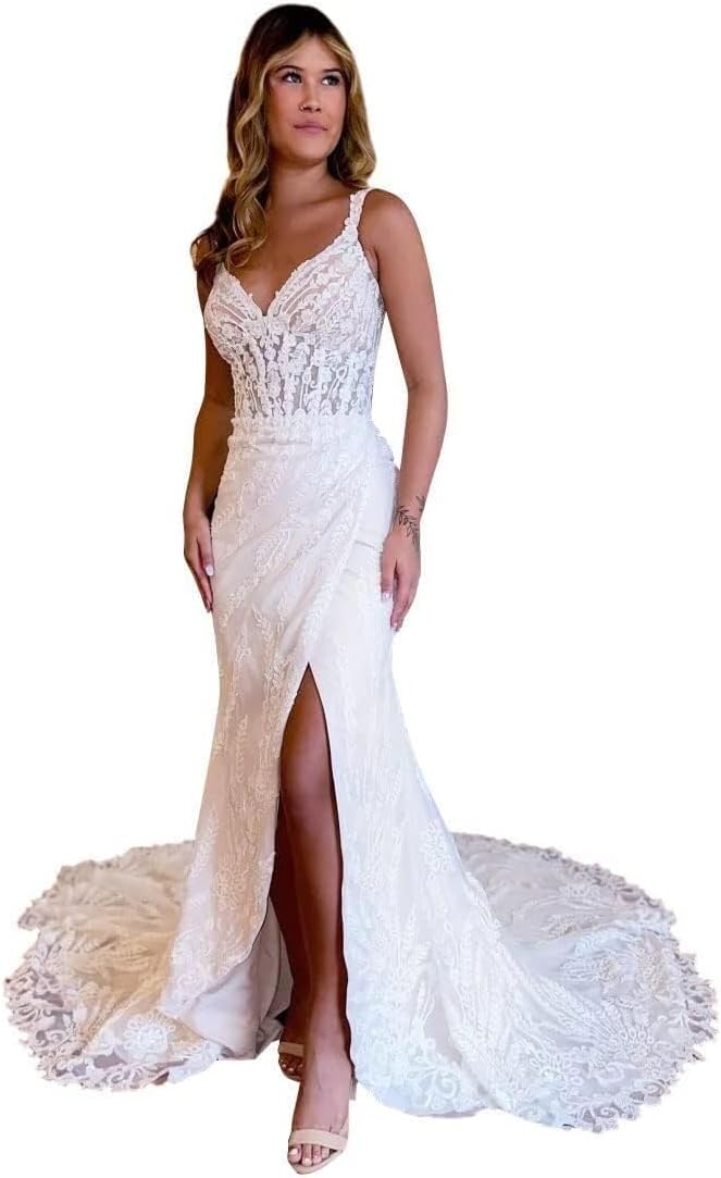 Women's Lace Mermaid Wedding Dresses for Bride Sexy V Neck Sleeveless Beach Bridal Gowns with Train LAW200