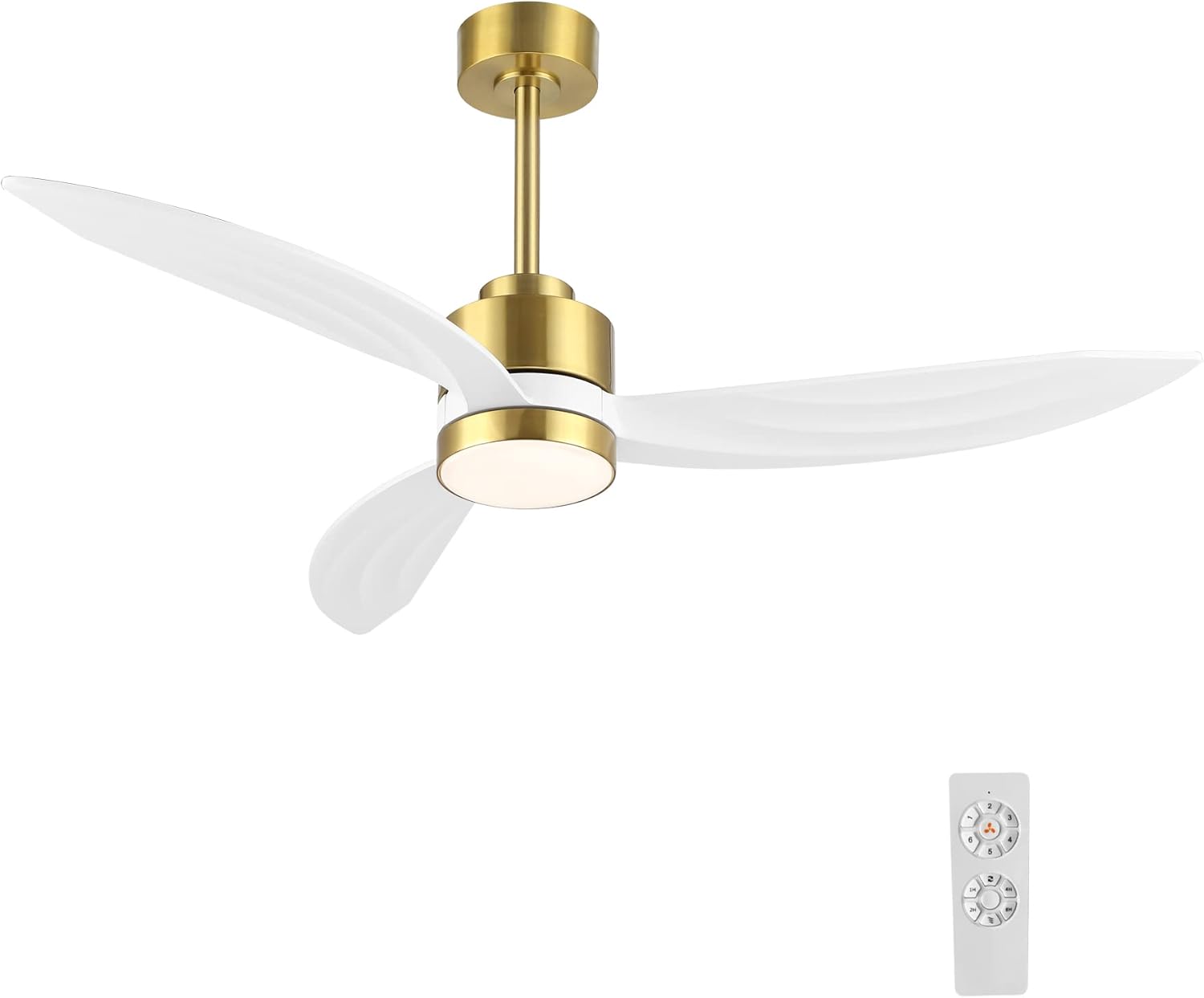 ELEHINSER 52" Wood Ceiling Fan with Lights and Remote Control, 3 Blades 6-Speed Dimmable Light Reversible DC Motor Ceiling fan for Kitchen Bedroom Dining Living Room, White Wood Blades with Gold Gold+White 52" Ceiling Fan with Light