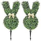 Bunny Topiary Outdoor Set of 2 Bunny Shaped Artificial Boxwood UV Resistant Bowknot Faux Boxwood Topiaries Plant Easter Bunny Topiary Plant Tree for Porch Decor Outdoor/Indoor (2Pack)
