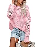 BTFBM Women Long Sleeve Hollow Out Sweater Casual Cute Crochet Lace Pointelle Knit Pullover Crew Nec