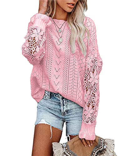 Btfbm Women Long Sleeve Hollow Out Sweater Casual Cute Crochet Lace Pointelle Knit Pullover Crew Neck Loose Blouses (Lace Pink, Large) #TOP10