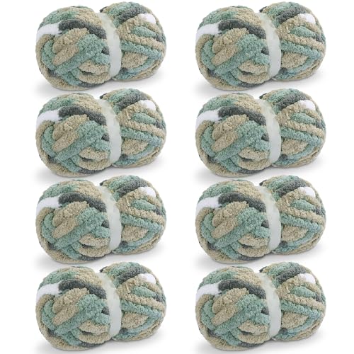 Maboozo Tie Dye Chunky Yarn 8 Pack, Grey, Green, White Fluffy Jumbo Chenille, Soft Plush Bulky, Giant Thick Fuzzy Yarn for Crocheting, Hand Knitting or Arm Knitting (26 yds, 7.5 oz Each)