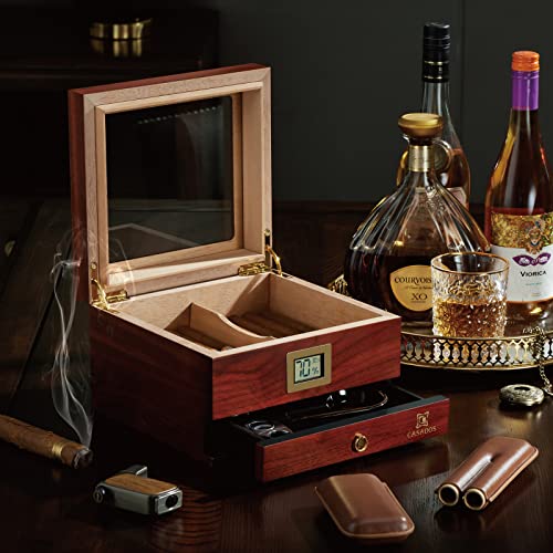 Casados Cigra Humidor Box, Handmade Spanish Cedar Cigar Case With Acrylic Top, Digital Hygrometer, Humidifier And Accessory Drawer - Holds(25-50 Cigars) #TOP6