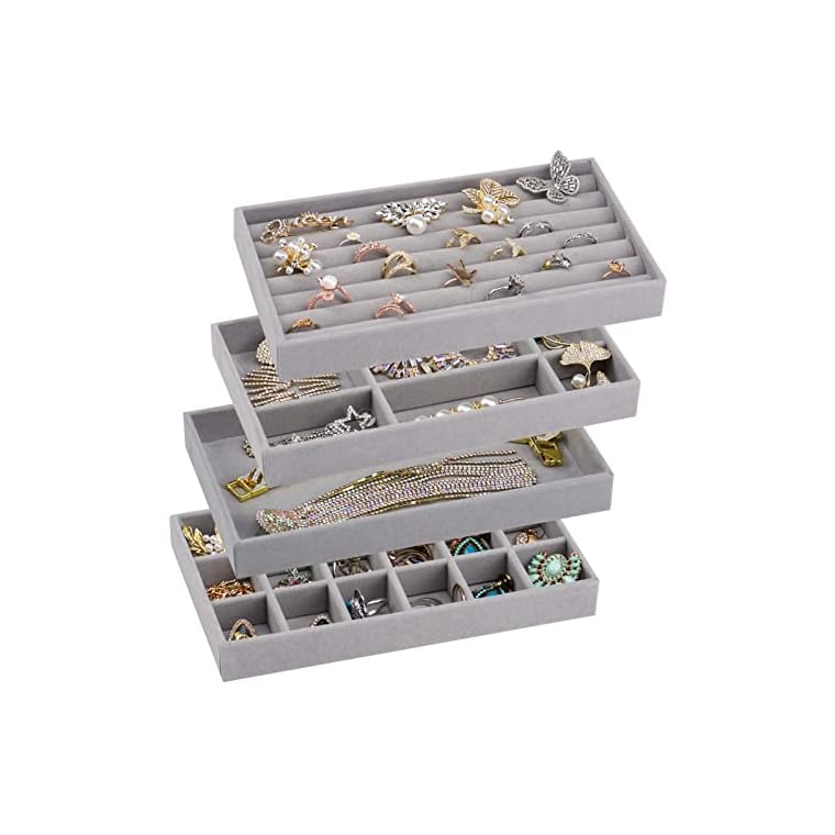 Ptaedex Stackable Velvet Jewelry Trays Organizer for Drawers, Small Jewelry Drawer Organizer Display Tray for Earring Ring Watch Bangle Bracelet Necklace, Set of 4, Gray
