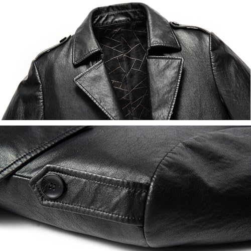 Quinta immagine TINNYTT Giacca in Vera Pelle da Uomo, Cappotto Autunnale e Invernale con Risvolto da Lavoro, Giacca Antivento, Giacca Antivento di Media Lunghezza, Cappotto Caldo Autunnale e Invernale,Black-M
