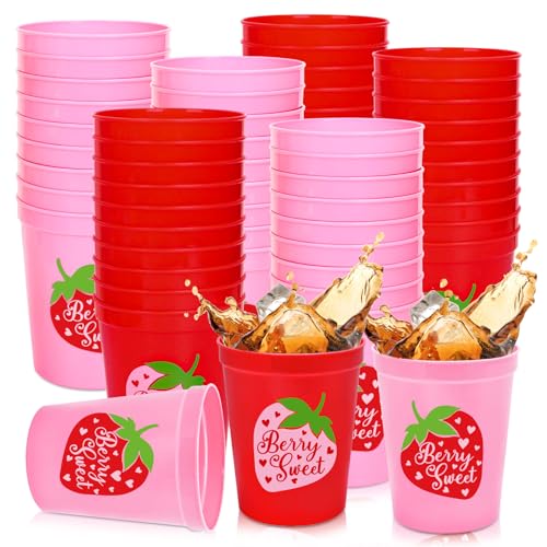JarThenaAMCS 24Pcs Strawberry Plastic Cups Red Pink Berry Sweet Reusable Cups Fruit Theme Party Drinkware Supplies for Birthday Holiday Baby Shower, 16 Oz
