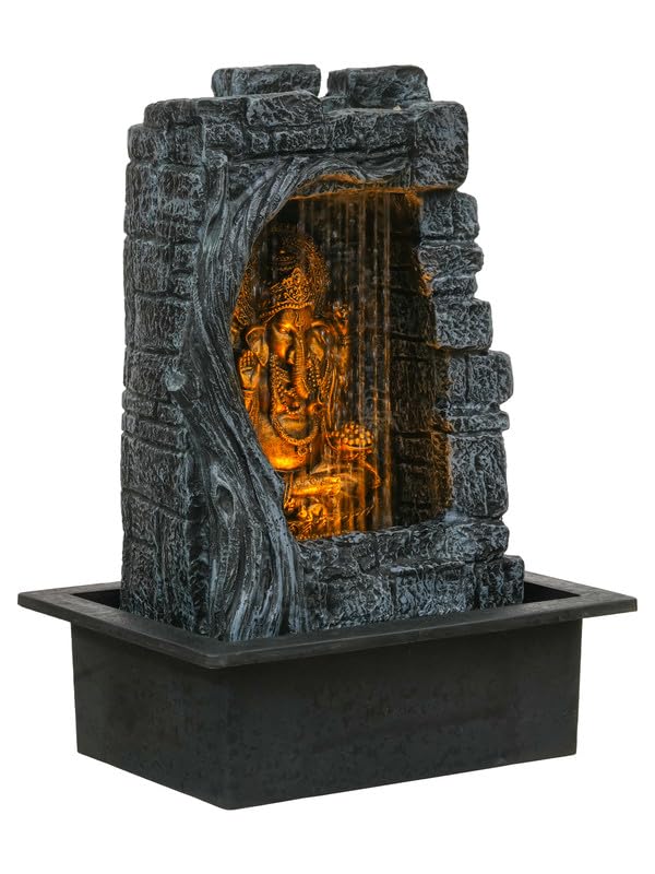 Image of Polyresin Grey & Copper Ganesha Idol Table Top Indoor Front Curtain Waterfall Fountain for Home Decor with Yellow LED Lights & Speed Controller Pump (Size: 40 x 29.5 x 22CM | Wt: 2265grm)