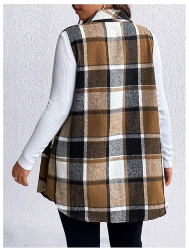 MakeMeChic Women's Plus Size Outwear Vest Top Plaid Tweed Jacket Button Down Shirt2
