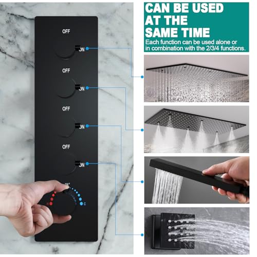 HOMEDEC Luxury Matte Black Shower System, Multi Functions 15.7x31.5inch Mist Rain Shower Head System with Full Body Sprays Jets, Rainfall Ceiling Thermostatic Shower Faucet Set