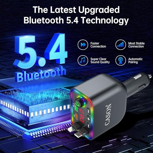 Image of Cason Car Charger 120W Type-C Fast Charging with Bluetooth FM Transmitter- 4-in-1 Retractable Car Mobile Charger Cable with 2 USB Port, with LED Display for iPhone, Android Smartphone (Retractable)