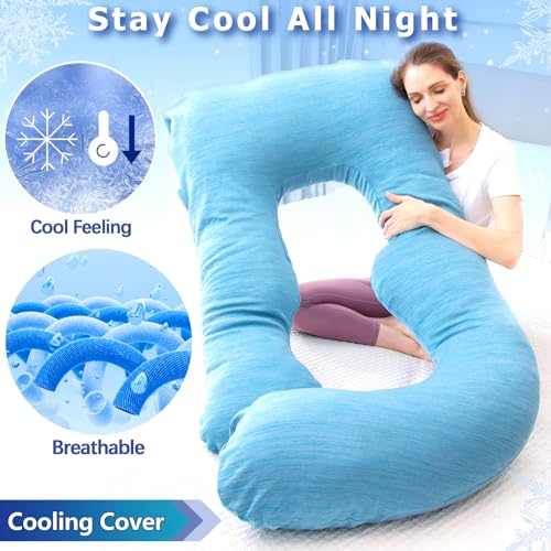 MOON PINE Pregnancy Pillow, U Shaped Full Body Pillow for Maternity Support, Sleeping Pillow with Cover for Pregnant Women (Light Blue)