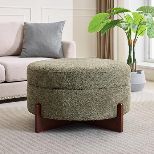 Round Storage Ottoman Coffee Table, Upholstered Tufted Ottoman with Hidden Storage, Large Accent Ottoman with Solid Wood Legs for Living Room, Bedroom, Entryway, 32 Inch Round Table Green by Noble House Home Furnishings - Used condition - CA$158.83